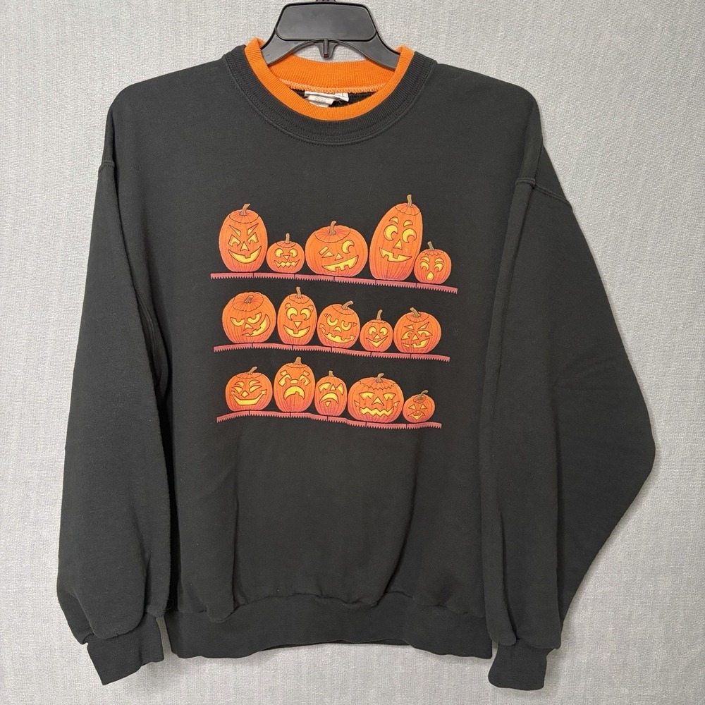 Vintage Halloween Jack-O-Lantern Pumpkin Black Crewneck Sweatshirt Size L USA